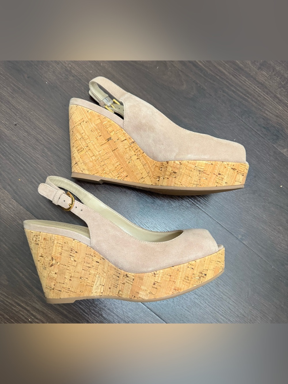 Stuart Weitzman Beige Suede Cork Wedge Slingback Sandals Peep Toe 7.5